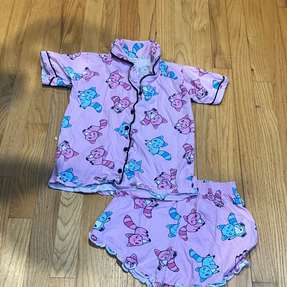 Charming Pink and Blue Cat Print Kids Pajama Set